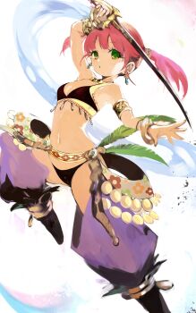 1girl armlet bracelet breasts commentary_request dancer dancer_(sekaiju) etrian_odyssey green_eyes harem_pants highres holding holding_sword holding_weapon jewelry looking_at_viewer navel pants pink_hair shawl small_breasts solo sword tsutsugano twintails weapon