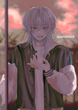 1boy black_jacket blurry blurry_background blush brown_sky commentary_request crossed_bangs flower grey_eyes grey_hair hand_up highres jacket long_sleeves looking_at_viewer male_focus medium_hair open_clothes open_jacket open_mouth original outdoors pink_clouds sahi00000 sky smile solo upper_body white_flower