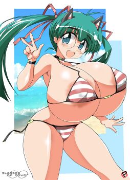 areola_slip bikini breasts glasses huge_breasts large_areolae original prime_gmx striped_bikini striped_clothes swimsuit twintails