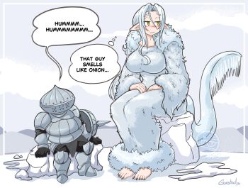 1girl absurdres armor barefoot black_gloves breasts dark_souls_(series) dark_souls_i dragon_girl dragon_tail english_text full_armor gloves gunshad helm helmet highres holding holding_shield horns large_breasts long_hair monster_girl priscilla_the_crossbreed sharp_toenails shield siegmeyer_of_catarina sitting speech_bubble tail thought_bubble toenails white_hair