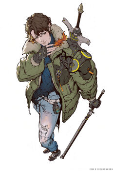 1boy 2025 animal_request arm_at_side artist_name belt black_gloves blue_pants blue_shirt brown_eyes brown_hair brown_shoes buttons commentary copyright_notice denim english_commentary explosive fingerless_gloves foreshortening from_above full_body gloves green_jacket grenade hand_up highres holding holding_sword holding_weapon invisible_floor jacket jeans jewelry lizard long_sleeves looking_at_animal male_focus multiple_swords necklace nose open_clothes open_jacket original pants parted_lips prosthesis prosthetic_hand shirt shoes short_hair simple_background smile solo standing sword sword_on_back torn_clothes torn_jeans torn_pants turtleneck turtleneck_shirt very_short_hair weapon weapon_on_back white_background white_belt yu_cheng_hong zipper