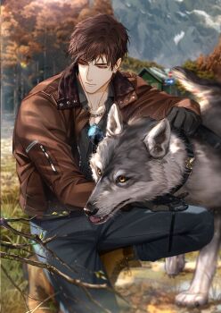 Rule 34 | 1boy, absurdres, black gloves, black shirt, blue pants, blurry, boots, branch, brown hair, brown jacket, closed mouth, curtained hair, denim, dog tags, game cg, gloves, highres, jacket, jeans, jewelry, leather, light and night love, long sleeves, lu chen, male focus, necklace, non-web source, official art, on one knee, open clothes, open jacket, outdoors, pants, red eyes, shirt, solo, tree, wolf, zipper