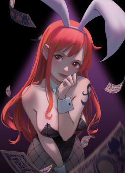 1girl absurdres animal_ears banknote bare_shoulders black_leotard blurry blurry_foreground blush breasts closed_mouth commentary cowboy_shot cynthia_(user_rrcz7734) detached_collar fishnet_pantyhose fishnets head_tilt highres large_breasts leotard lips long_hair looking_at_viewer money nami_(one_piece) one_piece orange_eyes orange_hair pantyhose pink_lips playboy_bunny rabbit_ears shoulder_tattoo single_sidelock solo straight-on strapless strapless_leotard tattoo wavy_hair wrist_cuffs