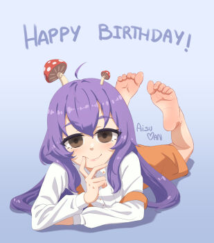 1girl ahoge aisuman alchemilla_menace arm_rest barefoot blue_background blush brown_eyes buttons closed_mouth collared_shirt cyberlive elbow_rest feet finger_to_mouth full_body happy_birthday highres indie_virtual_youtuber long_hair long_sleeves looking_at_viewer lying mushroom mushroom_on_head on_stomach orange_skirt purple_hair shirt skirt smile soles strap_slip suspender_skirt suspenders the_pose toenails toes virtual_youtuber white_shirt