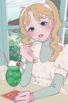 1girl aegyo_sal black_eyes blonde_hair blue_nails blurry blurry_background blush cafe cherry collar dress earrings elbows_on_table eyelashes film_grain floral_print floral_print_dress food food_on_face frilled_collar frills fruit hair_ribbon highres holding holding_spoon ice_cream ice_cream_float ice_cream_spoon indoors jewelry long_sleeves looking_at_viewer nail_polish necklace original parted_bangs parted_lips pearl_necklace print_dress puffy_sleeves ribbon shirt_under_dress sitting spoon table tamori_(tamori_www) thick_lips turtleneck twintails wavy_hair white_dress white_ribbon window