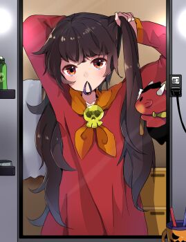 1boy 1girl absurdres adjusting_hair arms_up ashley_(warioware) black_hair blouse blush bottle chibi cup demon_horns dress female_pov floating hair_tie hair_tie_in_mouth highres holding holding_own_hair horns indoors light light_switch long_hair long_sleeves looking_at_viewer meiwari mirror mouth_hold neckwear_request nintendo orange_neckwear plug pov red_(warioware) red_dress red_eyes red_shirt reflection shelf shirt sidelocks skull standing towel warioware witch