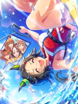 5girls ^_^ absurdres animal_ears aqua_eyes bandaid bandaid_on_cheek bandaid_on_face bare_legs black_hair black_tank_top blue_sky boat brown_hair closed_eyes cloud daiwa_scarlet_(mini_vacation)_(umamusume) daiwa_scarlet_(umamusume) ear_ornament eyewear_on_head hair_between_eyes hair_intakes hair_ornament hairclip happy highres holding horse_ears horse_girl horse_tail innertube knee_up life_vest light_blush light_particles light_rays maruzensky_(hot_summer_night)_(umamusume) maruzensky_(umamusume) multicolored_hair multiple_girls ocean official_alternate_costume open_mouth pink_eyes purple_eyes red_vest short_hair sky smile solo_focus sparkle special_week_(hopp&#039;n_happy_heart)_(umamusume) special_week_(umamusume) speech_bubble split-color_clothes streaked_hair summer sun sunglasses sunlight sweep_tosho_(it&#039;s_all_mine!)_(umamusume) sweep_tosho_(umamusume) swim_ring tail tank_top twintails two-tone_vest umamusume upside-down vest water_drop watercraft waves white_vest winning_ticket_(full-blown_tantrum)_(umamusume) winning_ticket_(umamusume) yellow_vest