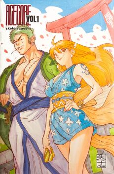 Rule 34 | 1boy, 1girl, acecore2k, bangle, bare shoulders, blue kimono, blue sky, bracelet, breasts, closed mouth, cloud, cloudy sky, collarbone, commentary, commission, earrings, english commentary, falling petals, feet out of frame, floating hair, floral print, floral print kimono, green hair, hand on own hip, highres, japanese clothes, jewelry, kimono, large breasts, log pose, long hair, nami (one piece), obi, official alternate costume, one eye closed, one piece, orange hair, outdoors, pearl earrings, pectorals, petals, pink petals, print kimono, roronoa zoro, sash, scar, scar across eye, scar on chest, scar on face, short kimono, shoulder tattoo, sky, sleeveless, sleeveless kimono, smile, tattoo, traditional media, white kimono