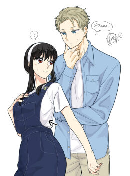 ... 1boy 1girl ? anya_(spy_x_family) arm_across_waist arrow_(symbol) black_hair blonde_hair blue_eyes blue_overalls blue_shirt breast_pocket brown_pants buttons chibi chibi_inset closed_mouth collared_shirt commentary_request cowboy_shot earrings hairband hand_on_own_chest hand_on_own_chin height_difference highres jewelry layered_shirt long_sleeves looking_at_another overalls pants pocket red_eyes romaji_text shirt short_hair short_hair_with_long_locks sidelocks smile speech_bubble spoken_ellipsis spoken_question_mark spy_x_family standing stroking_own_chin sunbo_zatta sweatdrop t-shirt thought_bubble twilight_(spy_x_family) very_short_hair white_hairband white_shirt yor_briar