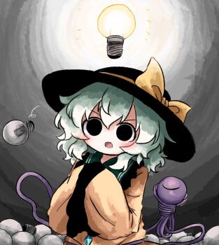 Rule 34 | 1girl, black eyes, black hat, blush, bow, buttons, collared shirt, diamond button, empty eyes, eyeball, frilled shirt collar, frills, green hair, hands in opposite sleeves, hat, hat bow, heripantomorrow, komeiji koishi, light bulb, long hair, long sleeves, looking at viewer, open mouth, shirt, solo, third eye, touhou, wide sleeves, yellow bow, yellow shirt