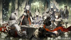 Rule 34 | animal ears, arknights, black dress, black gloves, board game, candle, candlelight, candlestand, chess, cup, dice, dress, eblana (arknights), feather hair ornament, feathers, frostnova (arknights), gloves, grey hair, hair ornament, hat, highres, holding dice, horns, koshelna (arknights), long hair, looking back, mandragora (arknights), multiple girls, poker, starshadowmagician, tail, talulah (arknights), teacup, teapot