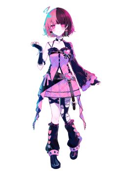 1girl absurdres asymmetrical_legwear black_bow black_choker black_hair black_leg_warmers black_shoes bow bracelet choker closed_mouth detached_sleeves ear_piercing earrings full_body haishin_shoujo_no_uraaka_meikyuu hand_up heart heart_o-ring highres jewelry leg_warmers looking_at_viewer miniskirt multicolored_hair o-ring o-ring_choker official_art pantyhose piercing pink_bow pink_eyes pink_hair pink_shirt pink_skirt plaid_clothes plaid_skirt pleated_skirt ring saike_riiru second-party_source shirt shoes simple_background single_leg_pantyhose skirt smile solo split-color_hair standing tachi-e thigh_strap torn_clothes torn_pantyhose two-tone_hair umemaro_(siona0908)