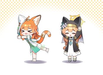 &gt;_&lt; 2girls absurdres ahoge animal_ears arknights blonde_hair blue_archive blush character_request chibi crossover flat_chest full_body highres mari_(blue_archive) meme multiple_girls nun open_mouth orange_hair sakana~_(meme) simple_background smile standing tail th3cr0ma trinity_general_school_logo