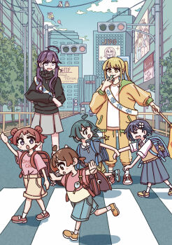 6+girls absurdres ad_(object) ahoge arm_up backpack bag blue_bag building chibigurumi child commentary crime_prevention_buzzer crossed_arms crosswalk detached_ahoge double_bun flag fujita_kotone gakuen_idolmaster hair_bun hanami_saki hanami_ume hataya_misuzu highres holding holding_flag holding_whistle idolmaster jacket juo_sena kaya_rinha kuramoto_china looking_at_another multiple_girls nasu_danshaku outdoors outstretched_arms pants randoseru red_bag running sash shoes shoulder_sash sleepy smile sneakers track_jacket track_pants traffic_light tsukimura_temari twintails walking whistle yellow_jacket yellow_pants