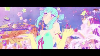 animated animated_gif blue_hair bouncing_breasts breasts cat double_bun elbow_gloves flower girl_(anime_expo) gloves hair_bun hairband kami-sama_(girl) nightgown petals ribbon sidelocks star_(symbol) stuffed_toy wand