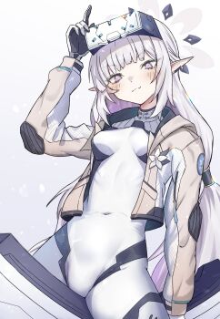 Rule 34 | blue archive, bodysuit, commentary request, covered navel, earclip, hair tubes, halo, hand on goggles, head-mounted display, highres, himari (armed) (blue archive), himari (blue archive), impossible bodysuit, impossible clothes, inofuchi, jacket, long hair, mole, mole under eye, motor vehicle, motorcycle, multicolored halo, on motorcycle, open clothes, open jacket, pointy ears, smile, two-tone halo, white bodysuit, white halo