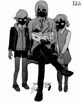 13milesapart 1girl 2boys akechi_gorou amada_ken bag balance_scale book collared_shirt commentary crossed_legs doujima_nanako dress english_commentary faceless gekkoukan_high_school_uniform gloves greyscale hair_between_eyes hair_ribbon highres holding holding_book hollow_eyes hood hood_down hooded_jacket in-franchise_crossover jacket kneehighs looking_at_viewer monochrome multiple_boys necktie open_book open_clothes open_jacket oxfords persona persona_3 persona_4 persona_5 plastic_bag ribbon school_uniform shirt shoes short_hair short_twintails shorts simple_background sneakers socks striped_clothes striped_necktie trait_connection twintails weighing_scale white_background