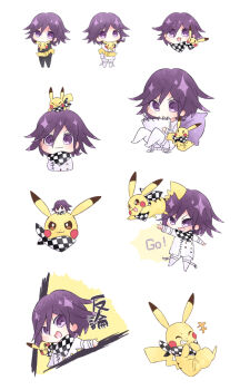 Rule 34 | 1boy, :3, akasaka (qv92612), arm belt, blush, buttons, checkered clothes, checkered scarf, chibi, chibi only, commentary request, cut-in, danganronpa (series), danganronpa v3: killing harmony, eyelashes, fighting stance, flipped hair, full body, gen 1 pokemon, giggling, hair between eyes, holding, holding pokemon, long sleeves, looking at viewer, male focus, nintendo, oma kokichi, on head, open mouth, pants, pikachu, pokemon, pokemon (creature), pokemon on head, purple eyes, purple hair, scarf, school uniform, short hair, simple background, sitting, smile, standing, thigh strap, two-tone scarf, white background