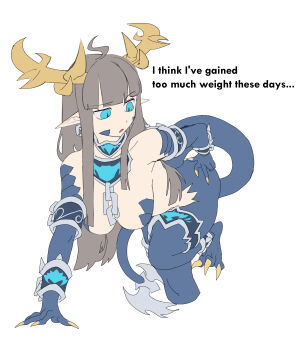 Rule 34 | 1girl, absurdres, ahoge, all fours, armlet, bare shoulders, blue eyes, blue scales, blunt bangs, bracelet, breasts, brown hair, bystial druiswurm, chain, claws, collar, colored extremities, commentary request, digitigrade, dragon horns, dragon tail, duel monster, hand on own hip, hashtag-only commentary, highres, hjjeon02, horns, humanization, jewelry, long hair, long sidelocks, medium breasts, open mouth, organic bra, pointy ears, sidelocks, simple background, slit pupils, solo, tail, very long sidelocks, white background, yu-gi-oh!