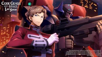 1boy assault_rifle black_cape blue_eyes brown_hair building cape city claudio_s._darlton clenched_hand closed_mouth code_geass code_geass:_lost_stories commentary_request embers f4samurai game_cg gloucester_(code_geass) gloves gun hand_up highres holding holding_gun holding_weapon jacket long_sleeves looking_afar male_focus mecha military_uniform night official_art outdoors red_jacket rifle robot serious short_hair skyscraper solo standing two-handed upper_body weapon white_gloves