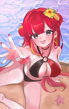 1girl akane_lize arm_support b_shojo bare_shoulders beach bikini black_bikini black_choker blonde_hair blush breasts choker cleavage criss-cross_halter double_bun ear_piercing earrings fangs flower grey_eyes hair_bun hair_flower hair_ornament halterneck highres hoop_earrings jewelry large_breasts long_hair looking_at_viewer mole mole_under_eye multicolored_hair nail_polish o-ring o-ring_bikini open_mouth outdoors piercing reaching reaching_towards_viewer red_bikini red_hair red_nails sand sitting smile solo starfish stellive streaked_hair swimsuit two-tone_hair virtual_youtuber water wet yellow_flower