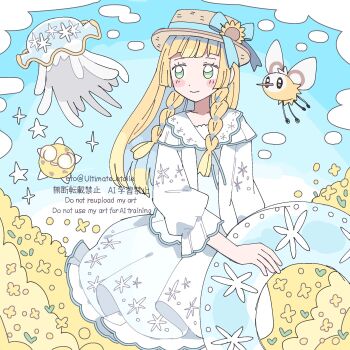 1girl alternate_costume blonde_hair blue_background blue_ribbon blunt_bangs braid bug cutiefly dress floating flower gen_7_pokemon green_eyes hair_flower hair_ornament hat highres jellyfish lillie_(pokemon) long_hair looking_at_viewer minior minior_(core) minior_(yellow_core) nihilego nintendo pokemon pokemon_(creature) pokemon_sm pool_float remoooon ribbon simple_background standing sun_hat sunflower sunflower_hair_ornament tentacles twin_braids ultra_beast upper_body white_dress yellow_flower