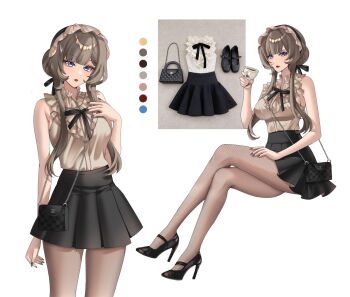 1girl alternate_costume bag black_bag black_pantyhose black_shoes black_skirt blue_eyes breasts brown_hair brown_nails brown_shirt closed_mouth commentary cowboy_shot cup drinking_glass english_commentary fingernails full_body genshin_impact hand_on_own_thigh hand_up high_heels highres holding holding_cup invisible_chair lips medium_breasts multiple_views nail_polish pantyhose reference_inset sandrone_(genshin_impact) she-a_(shiasstudy) shirt shirt_tucked_in shoes short_hair_with_long_locks shoulder_bag simple_background sitting skirt sleeveless sleeveless_shirt teacup white_background
