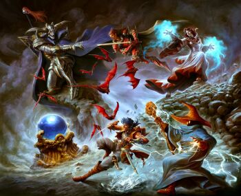 1other 2boys 2girls armor bat_(animal) battle black_mage_(final_fantasy) cliff cloud cloudy_sky crystal_ball dave_rapoza fake_horns fighting_stance final_fantasy final_fantasy_i garland_(ff1) gloves glowing glowing_eyes glowing_hands hat helmet highres holding holding_staff holding_sword holding_weapon hooded_robe horned_helmet horns mage_staff magic:_the_gathering multiple_boys multiple_girls official_art robe sky staff sword thief_(final_fantasy) warrior_(final_fantasy) weapon white_mage_(final_fantasy) wizard_hat