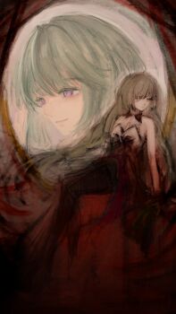 1girl age_comparison bandage_over_one_eye bare_arms bare_shoulders braid chew_x chinese_commentary closed_mouth colored_eyelashes commentary_request detached_collar expressionless green_hair highres light_smile long_hair low_twin_braids muted_color official_alternate_eye_color one_eye_covered painterly phrolova_(wuthering_waves) projected_inset purple_eyes red_background sitting strapless turning_head twin_braids very_long_hair wing_collar wuthering_waves