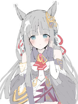 1girl absurdres animal_ears blue_eyes blush breasts chrono_genesis_(prismatic_curator)_(umamusume) chrono_genesis_(umamusume) commentary_request detached_sleeves fingerless_gloves gloves grey_hair hair_between_eyes hair_ornament highres horse_ears horse_girl horse_tail long_hair looking_at_viewer small_breasts solo tail umamusume usami_(user_khxg2487) whispering white_background