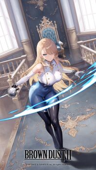 1girl armpits black_boots blonde_hair blue_eyes bodystocking boots breasts brown_dust_(series) brown_dust_2 covered_navel elbow_gloves full_body gloves hair_over_one_eye high_heel_boots high_heels highres holding holding_sword holding_weapon large_breasts long_hair looking_at_viewer official_art palace rapier simple_background skin_tight solo standing sword thigh_boots weapon white_background white_gloves wide_hips wilhelmina_(brown_dust) wilhelmina_(iron_monarch)_(brown_dust)