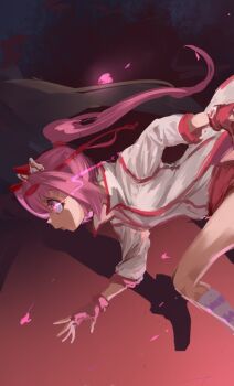 2girls animal_ears bow buruma ear_bow ear_covers eye_trail fingerless_gloves flower-shaped_pupils flower_in_eye gloves hairband haru_urara_(bestest_prize)_(umamusume) haru_urara_(umamusume) headband highres horse_ears horse_girl horse_tail inishie_kumo jacket light_trail long_hair multiple_girls pink_buruma pink_eyes pink_hair pink_headband ponytail red_buruma red_gloves red_headband running shirt socks striped_clothes striped_socks symbol-shaped_pupils symbol_in_eye tail umamusume white_jacket white_shirt