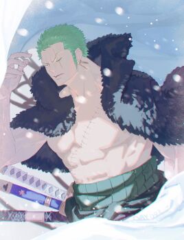 1boy coat earrings epcl4zj4u fur_coat glint haramaki highres jewelry looking_ahead male_focus one_eye_closed one_piece open_mouth pale_skin roronoa_zoro scar scar_across_eye scar_on_face short_hair sideburns snowing solo stitched_torso stitches sword twitter_username v-shaped_eyebrows weapon wind