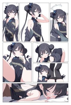 1girl 1other :d ;) absurdres adapted_costume all_fours ass back back_cutout black_dress black_gloves black_hair black_jacket black_pantyhose blue_archive blush breasts butterfly_hair_ornament chair china_dress chinese_clothes chinese_commentary closed_mouth clothes_pull clothing_cutout commentary_request cowboy_shot double_bun dragon_print dress expressionless foreshortening gloves grey_eyes grey_halo hair_bun hair_ornament half_gloves halo hand_up hands_up highres implied_sex jacket jacket_partially_removed jyt kisaki_(blue_archive) legs_up long_hair long_sleeves looking_at_viewer lying multiple_views no_bra no_panties on_back on_chair one_eye_closed open_clothes open_jacket open_mouth pantyhose pantyhose_pull parted_lips pelvic_curtain print_dress pulling_own_clothes saliva simple_background sitting small_breasts smile split_mouth spread_legs striped_clothes striped_jacket sweat tongue tongue_out top-down_bottom-up twintails vertical-striped_clothes vertical-striped_jacket white_background