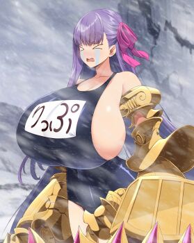 Rule 34 | 1girl, black background, breasts, claw (weapon), claws, cleavage, commentary request, dekapaiyukari, fate/extra, fate/extra ccc, fate (series), gigantic breasts, hair ribbon, highres, kloah, long hair, one-piece swimsuit, passionlip (fate), pink ribbon, purple eyes, purple hair, ribbon, school swimsuit, sideboob, snow, solo, swimsuit, very long hair, weapon
