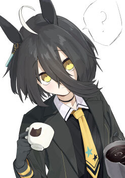 1girl :/ ? absurdres alternate_hair_length alternate_hairstyle animal_ears animal_print black_choker black_gloves black_hair black_shirt cat_print choker closed_mouth collared_shirt contrast_collar cup ear_ornament ear_tag earrings fuse_gomame gloves hair_between_eyes hands_up highres holding holding_coffee_pot holding_cup horse_ears horse_girl jewelry long_bangs long_hair_between_eyes long_sleeves looking_at_viewer manhattan_cafe_(umamusume) multiple_girls necktie shirt short_hair simple_background single_earring solo speech_bubble spoken_question_mark umamusume white_background yellow_eyes yellow_necktie