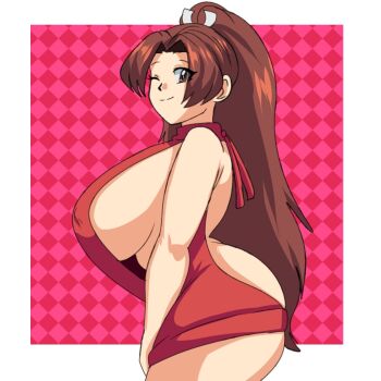 1girl ass breasts brown_eyes brown_hair fatal_fury from_side highres huge_ass huge_breasts long_hair lueduar one_eye_closed ponytail shiranui_mai sideboob the_king_of_fighters very_long_hair virgin_killer_sweater