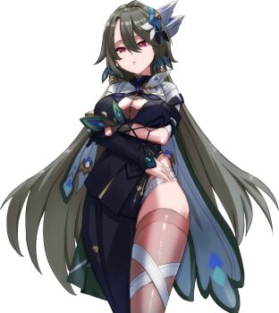 1girl absurdres bird_hair_ornament bow breasts commentary cream_bread gloves gradient_bow hair_ornament half_gloves highres honkai_(series) honkai_impact_3rd large_breasts long_hair looking_at_viewer peacock_feathers single_half_glove single_sleeve solo very_long_hair vita_(honkai_impact) vita_(lone_planetfarer)_(honkai_impact) yellow_pupils