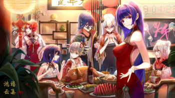 Rule 34 | 6+girls, alcohol, alternate eye color, alternate hairstyle, bad id, bad pixiv id, black dress, black jacket, bottle, breasts, bronya zaychik, china dress, chinese clothes, chinese new year, choker, chopsticks, closed mouth, cup, dress, drinking glass, food, fruit, fu hua, hetero, holding, holding chopsticks, honkai (series), honkai impact 3rd, indoors, jacket, kiana kaslana, kiana kaslana (void drifter), large breasts, liliya olenyeva, looking at viewer, multiple girls, murata himeko, murata himeko (vermillion knight), murata himeko (vernal brocade), open mouth, pig, purple eyes, purple hair, red choker, red dress, red eyes, red hair, rozaliya olenyeva, seele vollerei, smile, table, theresa apocalypse, watermelon, watermelon slice, white dress, white hair, wine, wine bottle, wine glass, xianyu liang