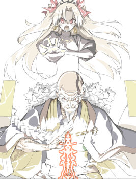 10mo 1boy 1girl angry blonde_hair breasts ereshkigal_(fate) fate/grand_order fate_(series) grin hair_ribbon highres incoming_attack japanese_clothes looking_at_viewer open_mouth outstretched_arm red_eyes ribbon small_breasts smile teeth tongue twintails