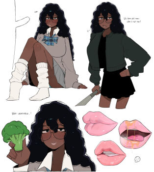 1girl baseball_bat black_hair blue_eyes blush broccoli broccoli_(ohasi) cardigan dark-skinned_female dark_skin english_text face_piercing glasses lip_piercing lips liquid long_hair loose_socks ohasi original parted_lips piercing school_uniform shirt simple_background smile socks suggestive_fluid sweat very_dark_skin very_long_hair