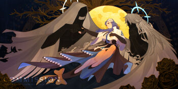 1girl 2others bare_tree black_gloves branch capelet cloak dizzy_(guilty_gear) dress elbow_gloves expressionless fingerless_gloves flayyrart flower full_body gloves grin guilty_gear guilty_gear_strive hair_flower hair_flowing_over hair_ornament hair_over_shoulder head_tilt highres layered_dress long_hair looking_at_another multiple_others outstretched_hand purple_hair queen_dizzy red_eyes smile sun_behind_head teeth torn_clothes tree very_long_hair white_capelet white_cloak white_hair