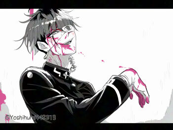 1boy blood blood_on_face blood_on_gloves earrings eye_print eyepatch face_piercing facial_hair gakuran gloves greyscale grin jacket jewelry labret_piercing last_defense_academy_school_uniform letterboxed looking_at_viewer male_focus monochrome multicolored_hair omokage_yugamu open_mouth piercing pink_blood print_eyepatch roots_(hair) school_uniform short_hair smile solo spot_color sweat teeth the_hundred_line_-last_defense_academy- undercut upper_body upper_teeth_only yoshihumi442313