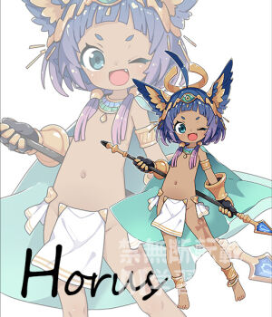 1girl ;d anklet character_name dark_skin fang flat_chest gloves holding horus_(mythology) jewelry nassukun navel one_eye_closed open_mouth original smile watermark zoom_layer