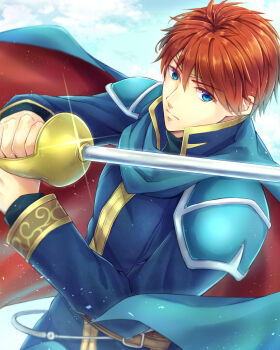 1boy belt blue_cape blue_eyes blue_shirt blue_sky cape circlet cloud eliwood_(fire_emblem) expressionless fire_emblem fire_emblem:_the_blazing_blade long_sleeves looking_at_viewer nintendo rapier red_cape red_hair shine shirt sky sword taiga_kazame two-tone_cape weapon