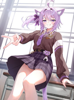 1girl :d absurdres ahoge animal_ear_fluff animal_ears cable_knit cat_ears cat_girl cat_tail classroom collared_shirt commentary_request cosplay desk double-parted_bangs grin gyaru_v hair_between_eyes highres hololive indoors long_sleeves looking_at_viewer miniskirt necktie nekomata_okayu one_side_up ookami_mio ookami_mio_(10th_costume) ookami_mio_(cosplay) open_mouth plaid_clothes plaid_skirt pleated_skirt puffy_long_sleeves puffy_sleeves purple_eyes purple_hair purple_necktie school_desk school_uniform shirt short_hair skirt smile solo sweater_tucked_in tail togemaru34 v virtual_youtuber white_shirt window