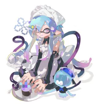 1boy :q alternate_costume alternate_species apron arknights back_bow black_dress bow censored censored_food crossdressing crossdressing_(mtf) crossover cupcake detached_sleeves dress enmaided food frilled_apron frills halterneck heart_apron highres jellyfish_(splatoon) kerchief large_bow looking_at_viewer maid maid_headdress male_focus male_maid mizuki_(arknights) nintendo pinenut_sn sitting splatoon_(series) splatoonification tongue tongue_out trap white_apron white_background white_bow yokozuwari
