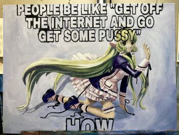 1girl absurdres apron black_dress black_eyes black_ribbon black_shoes blonde_hair canvas_(medium) chii chobits cix_eria commentary derivative_work dress english_commentary english_text frilled_cuffs frilled_dress frilled_thigh_strap frills hand_up highres image_macro_(meme) impact_(font) juliet_sleeves long_hair long_sleeves maid maid_apron maid_headdress meme painting_(medium) parted_lips puffy_sleeves ribbon shoes sidelocks sleeve_cuffs socks solo thigh_strap traditional_media very_long_hair white_apron white_socks