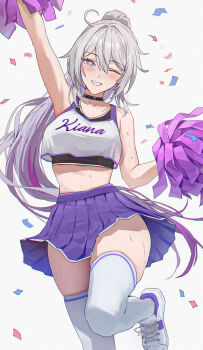 1girl absurdres amiki_yuzuru blue_eyes blush breasts character_name cheerleader collarbone commentary english_commentary highres honkai_(series) honkai_impact_3rd kiana_kaslana kiana_kaslana_(herrscher_of_finality) long_hair midriff one_eye_closed pleated_skirt pom_pom_(cheerleading) ponytail purple_hair purple_skirt shoes skirt smile solo tank_top thighhighs white_hair white_shoes white_thighhighs