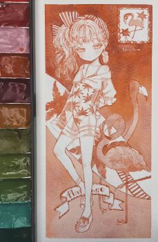 1girl acrylic_paint_(medium) bare_legs bird blunt_bangs border bow closed_mouth commentary_request dress english_text expressionless feathers flamingo full_body gradient_background hair_bow half-closed_eyes highres holding holding_surfboard karintoun leaf leaf_print long_hair maple_leaf_print monochrome off_shoulder original paint_palette painting_(medium) pale_skin photo_(medium) sandals see-through_clothes see-through_dress side_ponytail signature simple_background standing straight-on surfboard swimsuit traditional_media watercolor_(medium) wavy_hair white_border